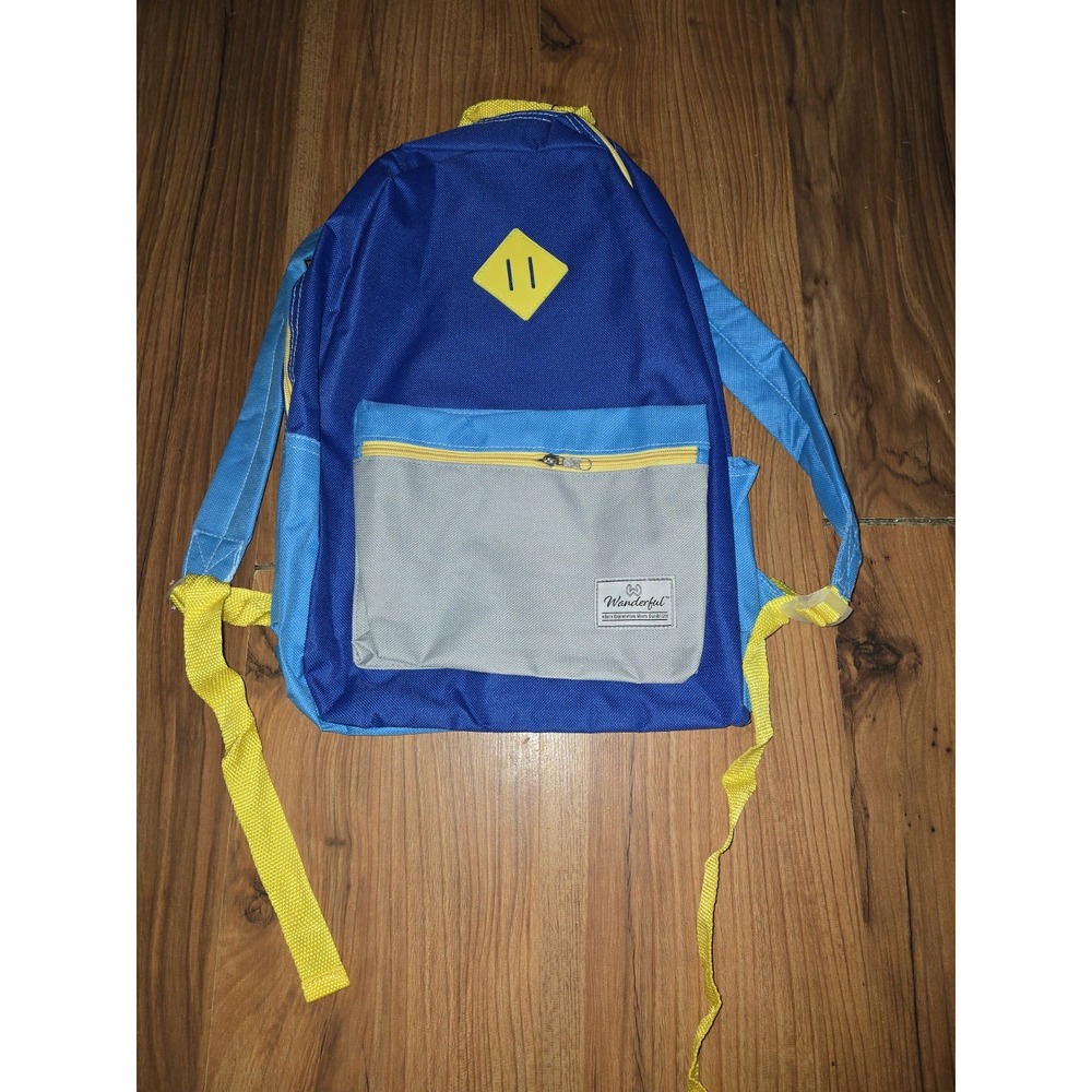 Wanderful Backpack Boys Back To School Bookbag 17x12 Blue Yellow Grey NEW